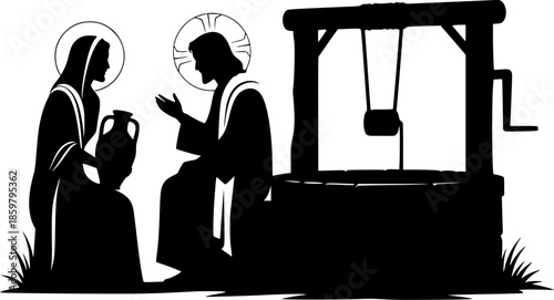 silhouette vector of Jesus Talking to Samaritan Woman at the Well – Biblical Scene of Compassion, Faith, and Living Water Illustration
