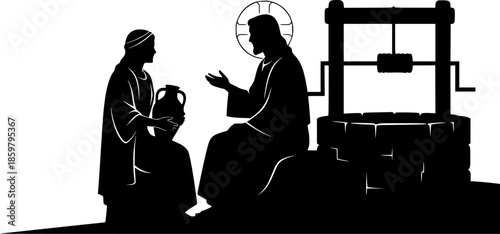silhouette vector of Jesus Talking to Samaritan Woman at the Well – Biblical Scene of Compassion, Faith, and Living Water Illustration
