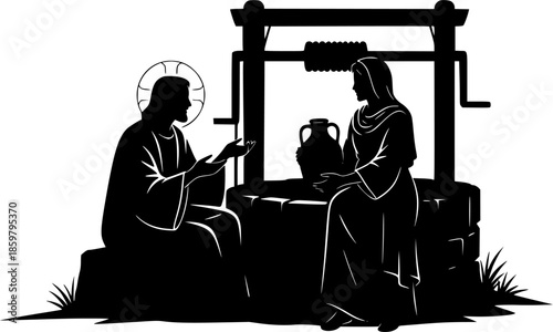 silhouette vector of Jesus Talking to Samaritan Woman at the Well – Biblical Scene of Compassion, Faith, and Living Water Illustration
