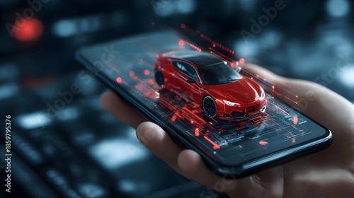 Car emerging from a smartphone in a hand, futuristic digital illustration. Concept: Digital transformation, online car buying, smart mobility, automotive technology, e-commerce, innovation, future tra