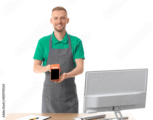 Male cashier with payment t...