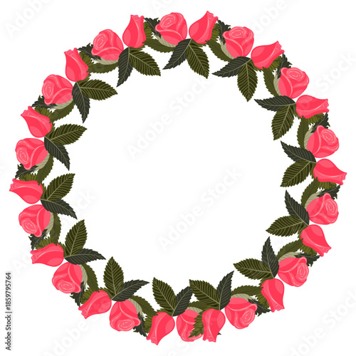 A wreath of bright pink, cute roses and buds for your design. Vector illustration isolated on a white background.