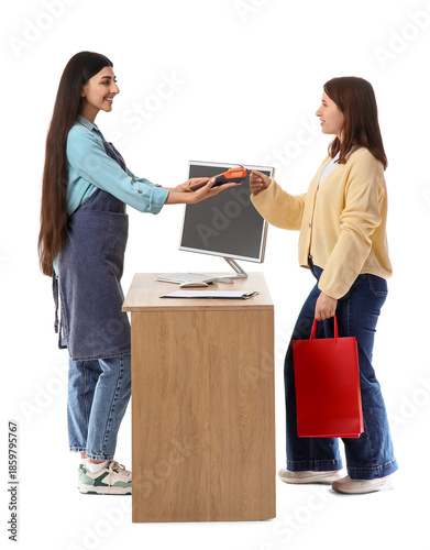 Female cashier receiving pa...
