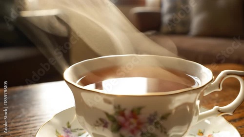Close up of a cup of tea with steam rising on a wooden table inside beverages background