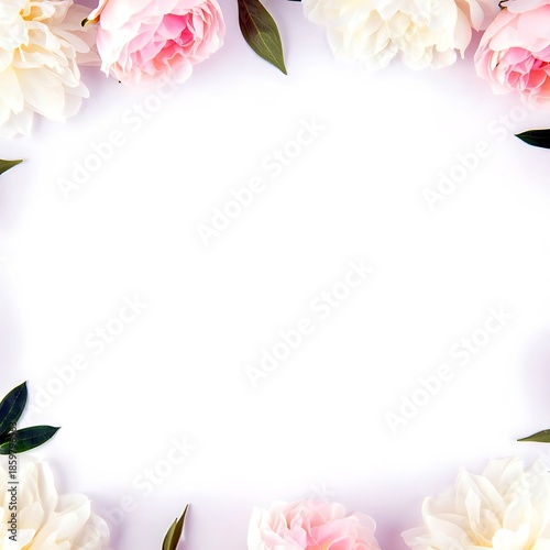 Soft Pink Peony Floral Border on White Background with Copy Space