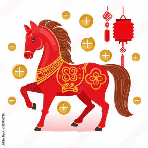 Auspicious red horse vector art with golden prosperity coins and a traditional hanging lantern, celebrating lunar new year traditions and bringing good luck and wealth