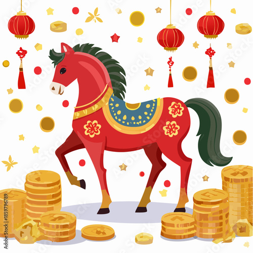 Vibrant illustration of a majestic red horse adorned with golden patterns, surrounded by traditional lanterns and stacks of gleaming coins, symbolizing good fortune and festive celebrations