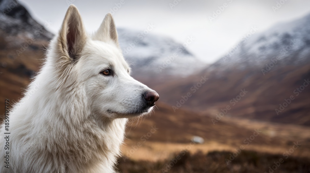 Obraz premium White Shepherd Dog Portrait in Mountain Landscape with Soft Natural Light