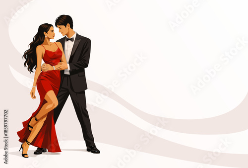 Romantic Dancing Couple in Red Dress and Black Suit on Light Minimal Background with Flowing Abstract Shapes
