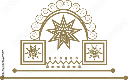 Golden christmas ornament and snowflake star vector set featuring winter holiday patterns and snow icons for a blue xmas celebration card illustration