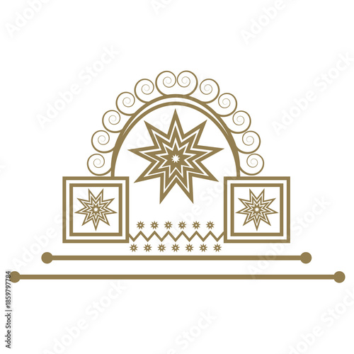 Vintage winter holiday card design featuring a golden christmas ornament and tree with a star pattern, snowflake icon, and blue xmas frame vector illustration