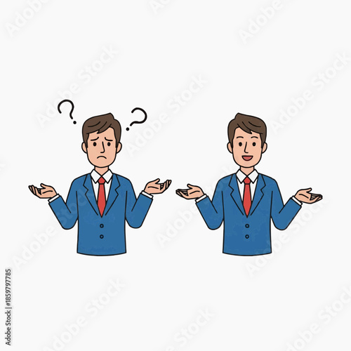 Two businessmen are having a puzzled conversation with questioning expressions and confused gestures.