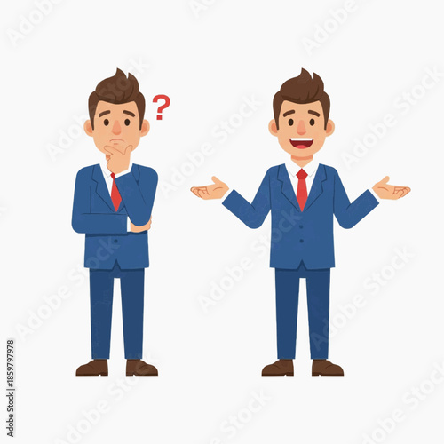 Two businessmen in blue suits discuss and ponder a question mark in a cartoon style illustration.
