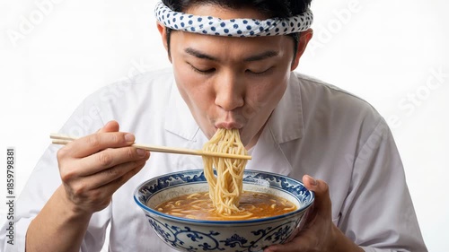 Man eats ramen noodles from a blue porcelain bowl while slurping hot savory broth and noodles. He holds chopsticks and supports the bowl with both hands. Casual single person dining with traditional a