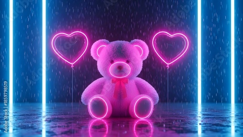 Valentine's day neon teddy bear with hearts romantic love concept
