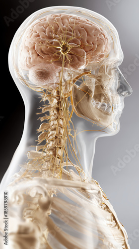 Medical visualization of human skeleton and nervous system, transparent anatomy