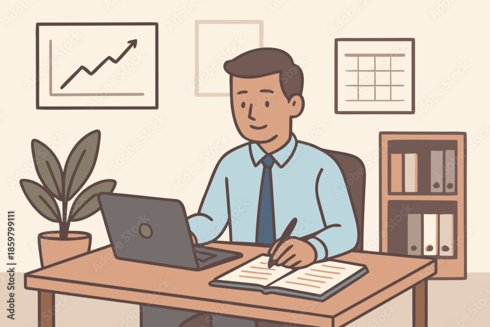 Fototapeta premium Businessman Working on Laptop with Financial Charts Illustration