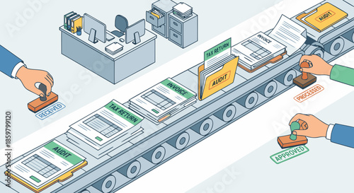 Automated Financial Processing and Payment Conveyor Illustration