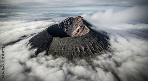 Moody Aerial Shot of Volcano Peak Rising Above a Sea of Clouds