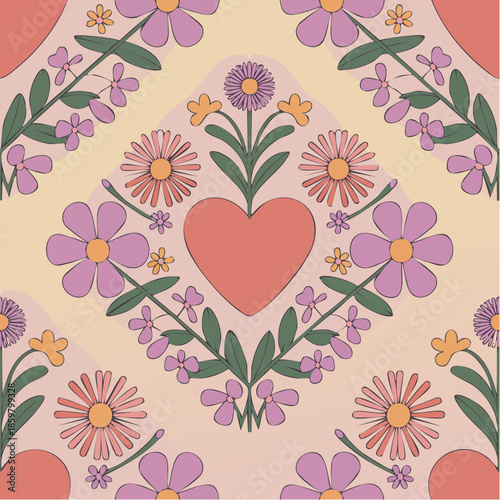 hearts bloom among radiant florals, weaving love and nature into pastel diamond symmetry