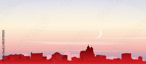 Red panoramic poster of the city skyline with misty background buildings, sunrise, moon and clouds of DETROIT, UNITED STATES