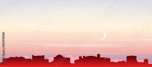 Red panoramic poster of the city skyline with misty background buildings, sunrise, moon and clouds of TORONTO, CANADA