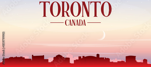 Red panoramic poster of the city skyline with misty background buildings, sunrise, moon and clouds of TORONTO, CANADA