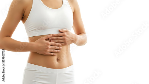 Young woman gently holding her stomach, possibly experiencing abdominal discomfort or supporting healthy digestion
