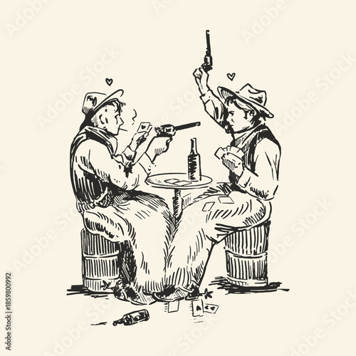 Vintage Western Cowboy Illustration, Two Outlaws Playing Poker and Drawing Guns, Retro Wild West Saloon Scene Sketch