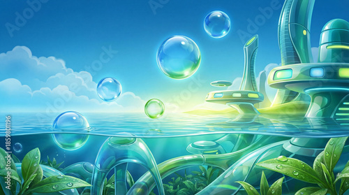 Frutiger aero futuristic aquatic city with underwater glass tunnels and floating structures