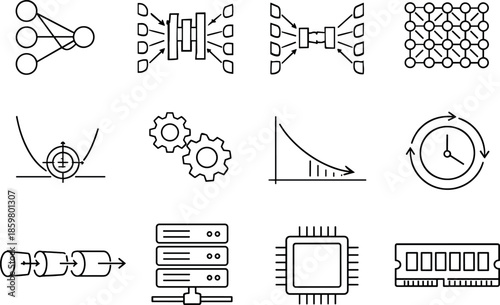 Deep Learning Icons. Line style vector icons of Deep learning: perceptron, encoder, decoder, embedding; loss, optimizer, gradient,