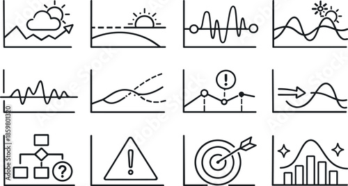 Predictive Analytics Icons. Line style vector icons of Predictive analytics: forecast, horizon, signal, season; baseline, variance