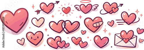Romantic Heart Doodles. Naive doodle-style hearts drawn with uneven strokes and charm, modern flat vector illustration