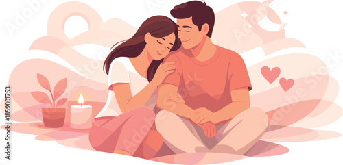 Tender Partnership Moment. Loving partnership moment suggested by gentle interaction and emotional balance, modern flat vector