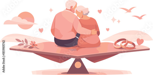 Eternal Love Balance. Quiet intimate scene suggesting lifelong commitment through closeness and balance, modern flat vector