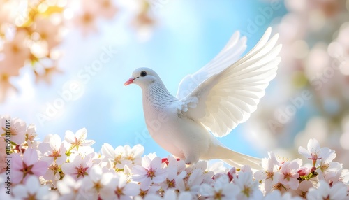 A white dove perches peacefully among blooming cherry blossoms, set against a soft pastel spring background.