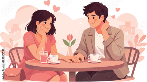 First Date Charm. Awkward-cute moment captured through gentle gestures and tentative posture, modern flat vector illustration