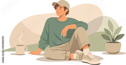 Neutral Fashion Concept. Calm modern lifestyle moment captured through neutral fashion, relaxed stance, and understated emotion,