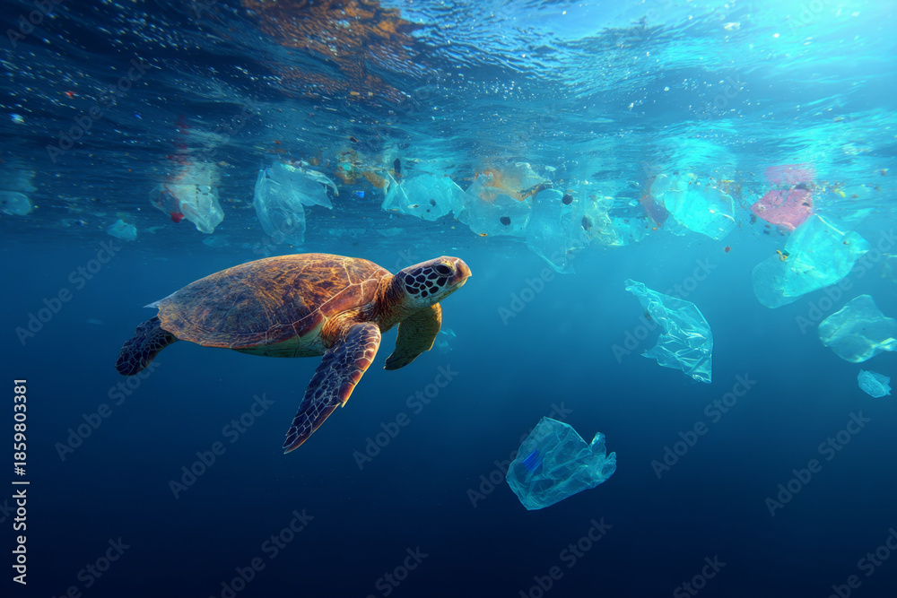 Fototapeta premium Underwater side view of a sea turtle swimming in deep blue water, with several clear and blue plastic bags and bottles floating around and above, depicting pollution.