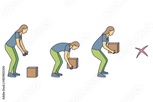 Lifting technique safe movement. Safety. Correct and incorrect instruction for moving heavy packages for workers. Ergonomic movement for loading objects vector flat illustration
