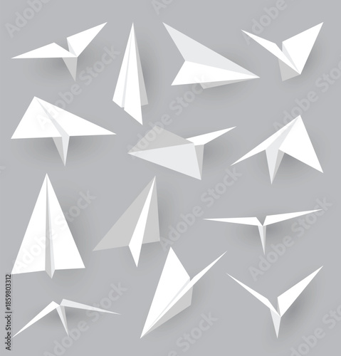 Paper planes collection. Origami handmade aircraft set in different view. Vector white model paper airplanes with shadow, isolated on gray background
