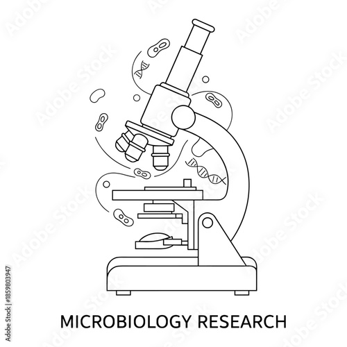 Microscope line art in black and white with microbiology research text