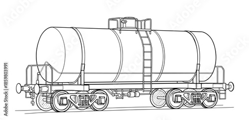 Railway tanker car in technical line art style in black and white