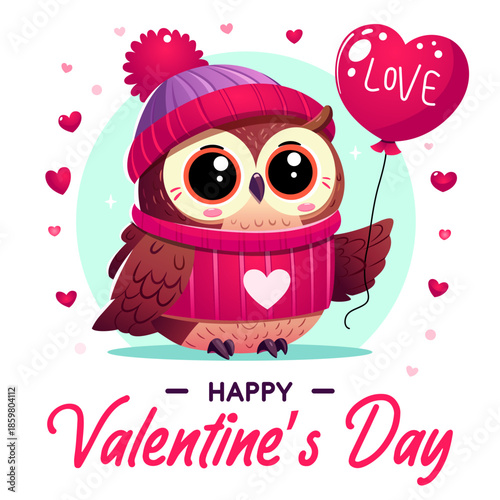 Owl with heart. Valentines day card with owl. Sweet owl sharing love with a heart balloon. Cute Valentine’s Day vector illustration with adorable owl holding heart-shaped balloon with the word “Love”