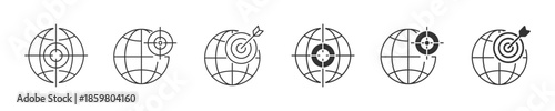 Global Targeting Icons Set, Worldwide Marketing and Business Strategy Symbols, International Goal and Focus Concept, Vector Illustration. 