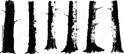 Black and white stencil illustration of deep forest tree trunks silhouette design for poster