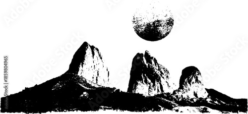 Black and white stencil of desert rock formations with sun silhouette for design projects