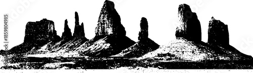 Black and white stencil of desert rock towers in monument valley for creative design