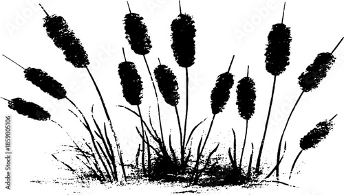 Black and white stencil illustration of dried cattail silhouette for nature-inspired design