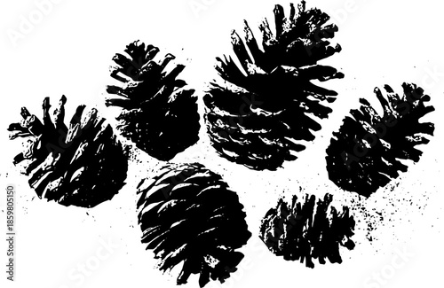 Black and white stencil illustration of dried pine cones in artistic splatter design
